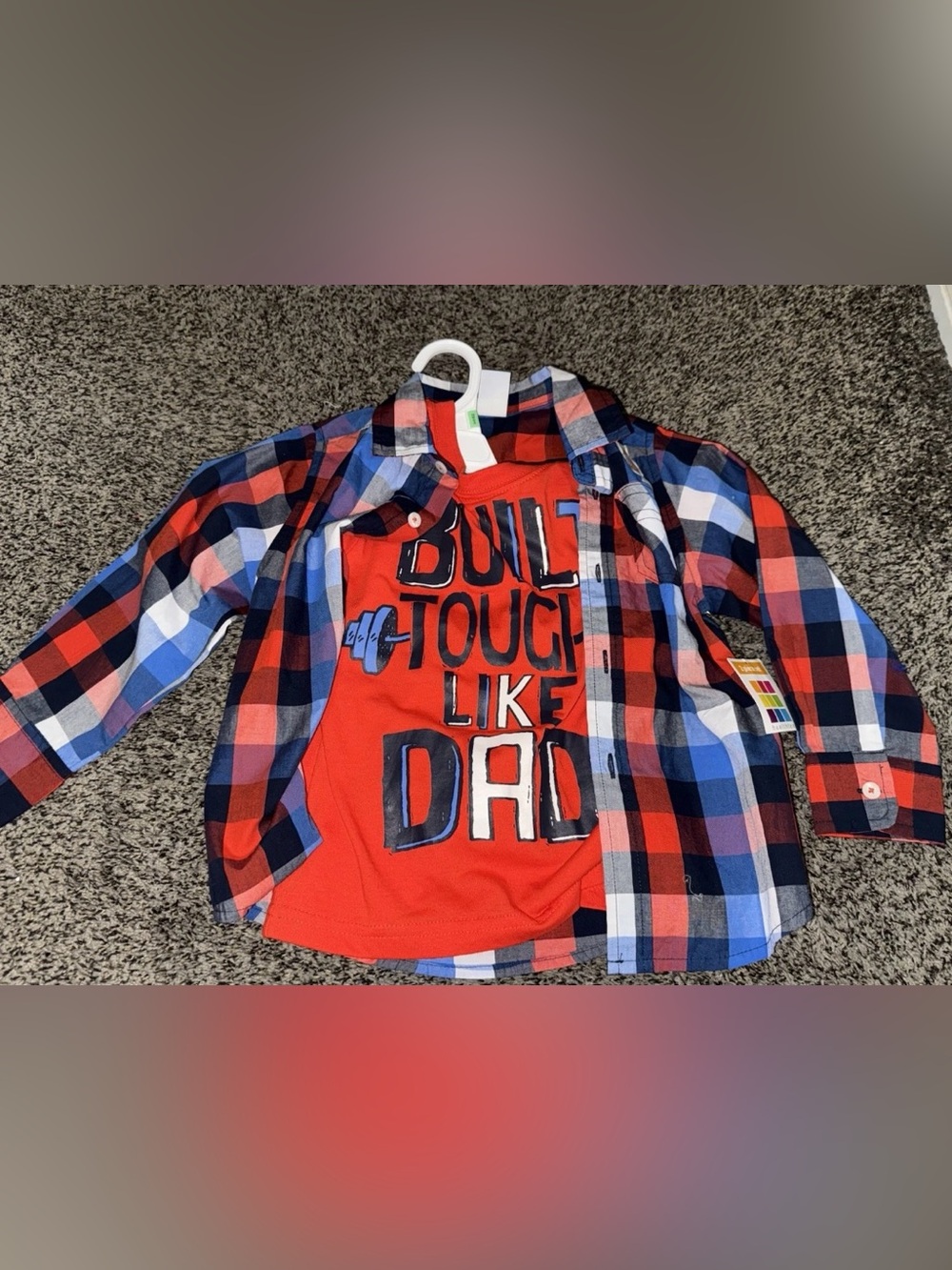 NWT Boys 4T Healthtex “Built Tough Like Dad” Orange Tshirt Plaid Button Down Set